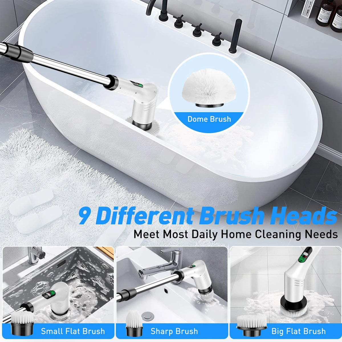 Cepillo electrico multiuso, inalambrico con 8 cepillos para fregar, con mango extensible