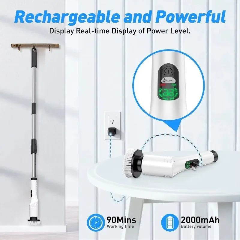 Cepillo electrico multiuso, inalambrico con 8 cepillos para fregar, con mango extensible