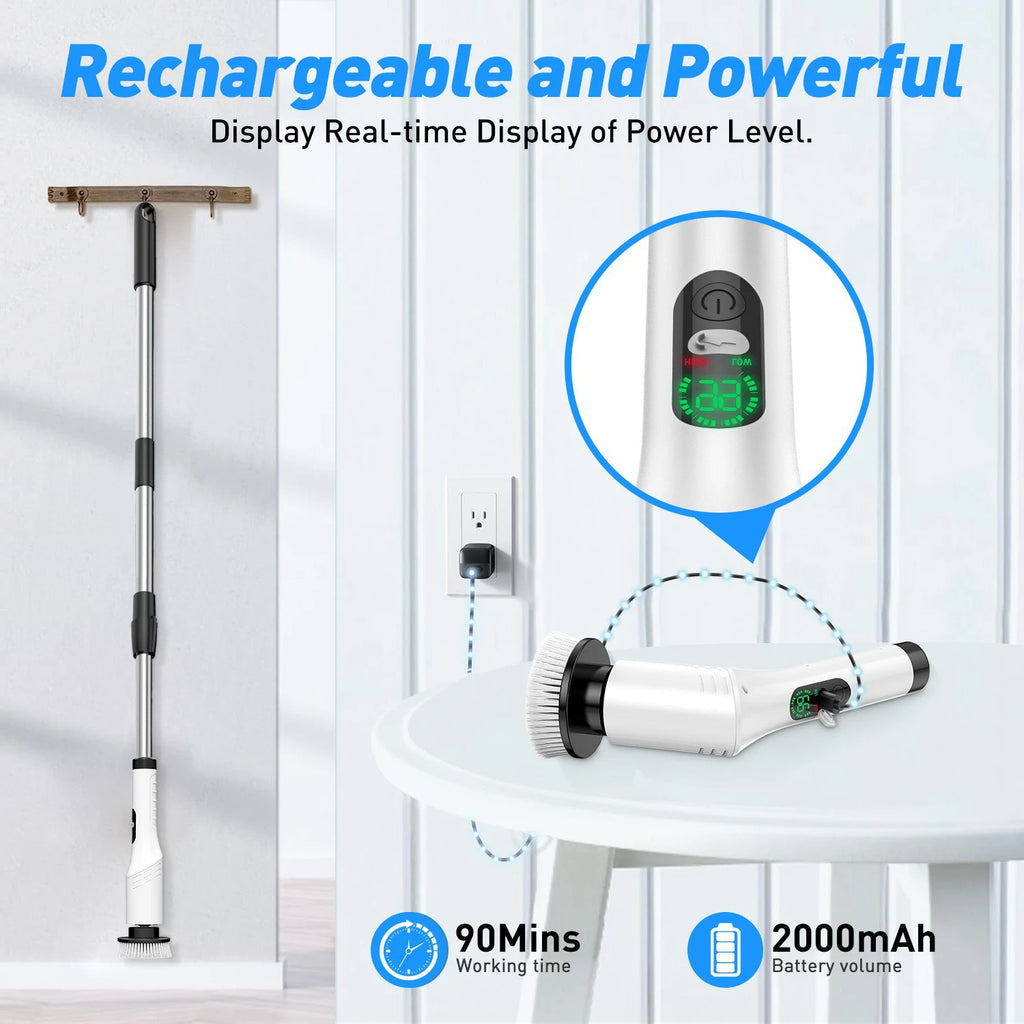 Cepillo electrico multiuso, inalambrico con 8 cepillos para fregar, con mango extensible