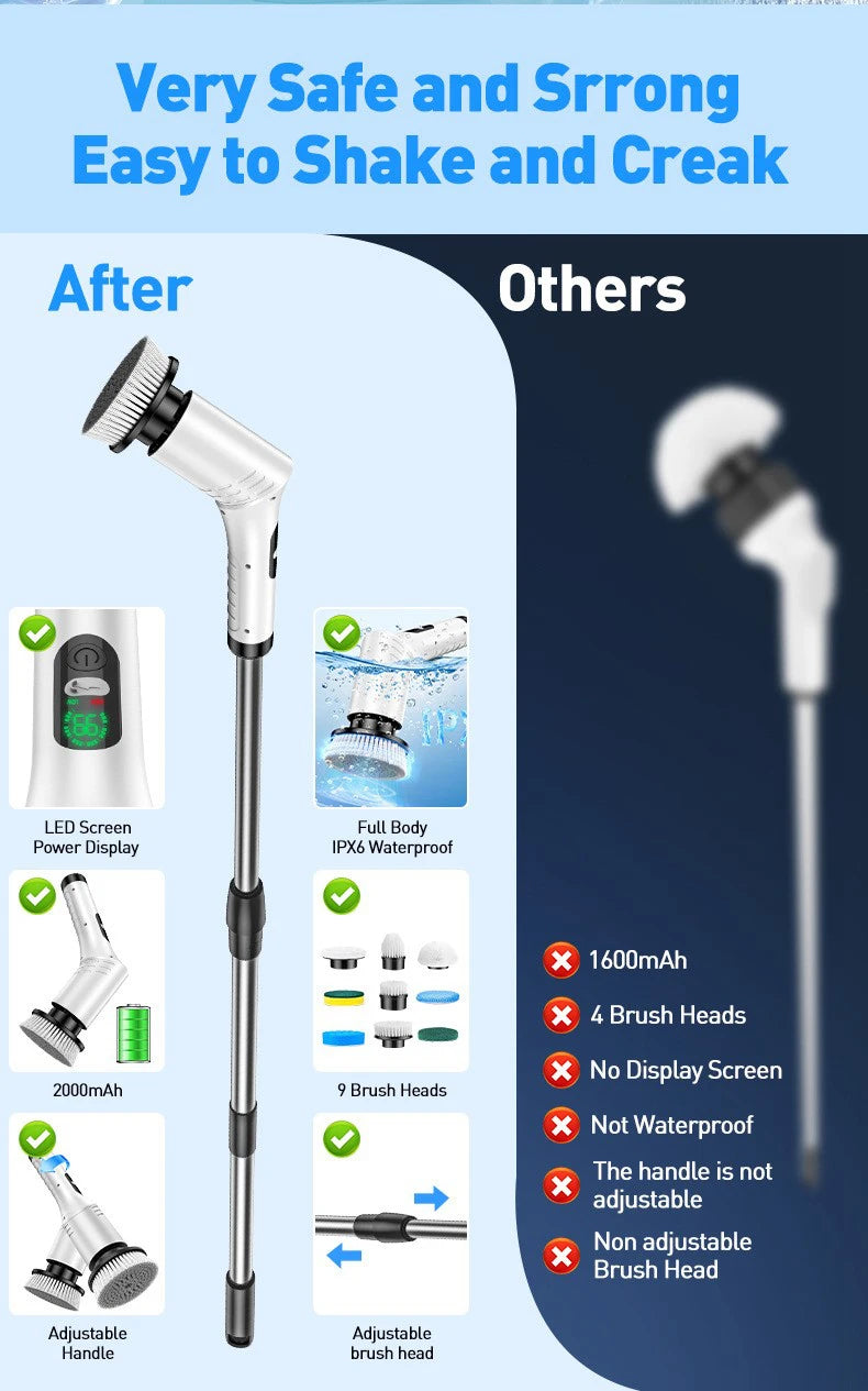 Cepillo electrico multiuso, inalambrico con 8 cepillos para fregar, con mango extensible