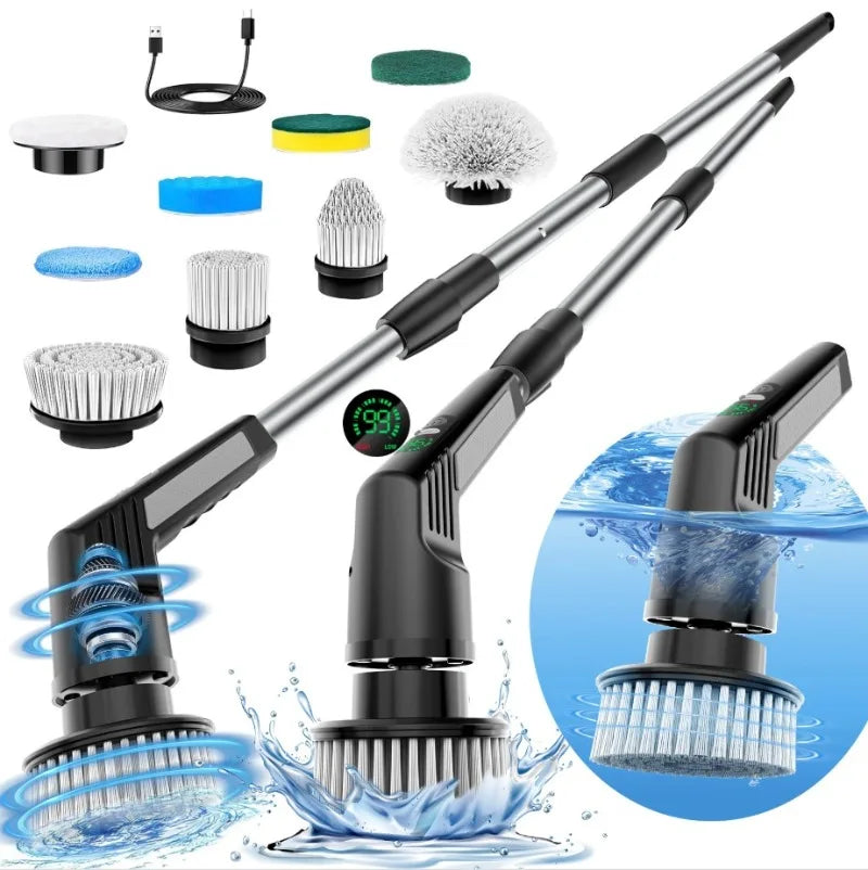 Cepillo electrico multiuso, inalambrico con 8 cepillos para fregar, con mango extensible