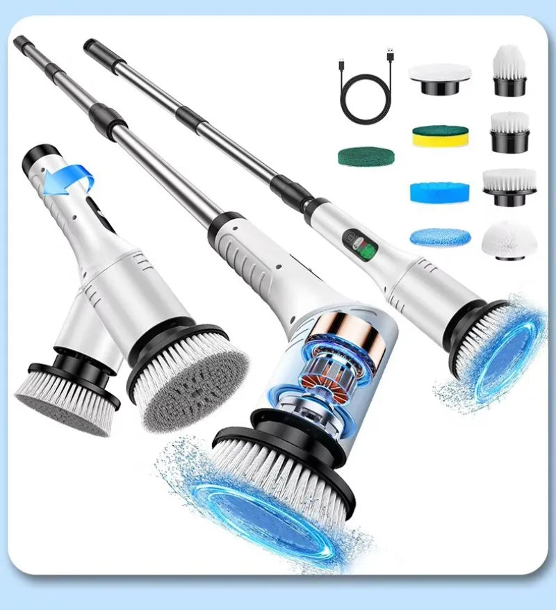 Cepillo electrico multiuso, inalambrico con 8 cepillos para fregar, con mango extensible